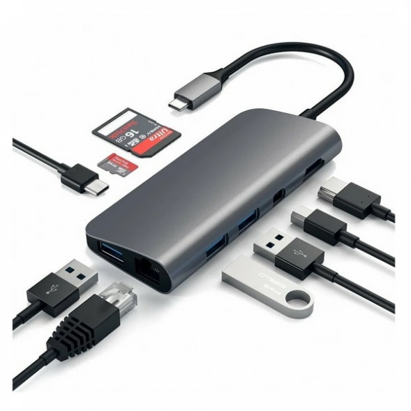 USB-концентратор Satechi Aluminum Type-C Multimedia Adapter (ST-TCMM8PA), разъемов: 4, space gray в Твери