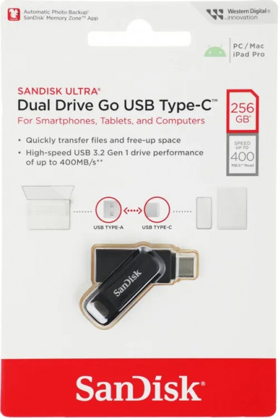 USB флешка Sandisk Ultra Dual Drive Go 256Gb USB 3.2 gen 1/ USB Type-C в Твери