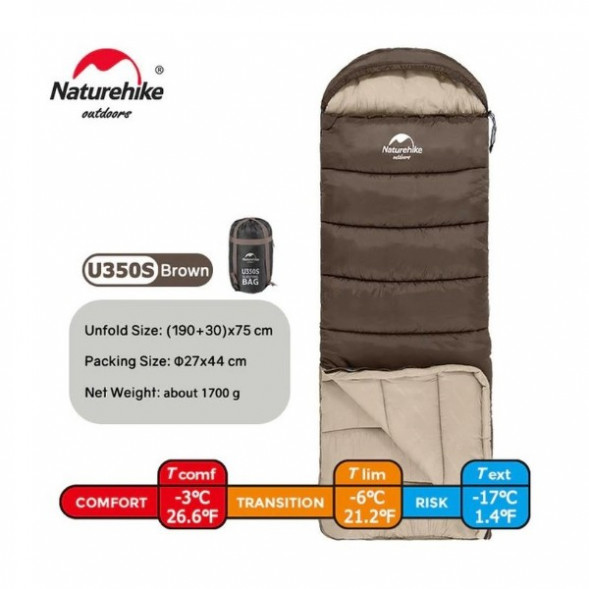 Спальный мешок Naturehike U350S (Правый), коричневый в Твери