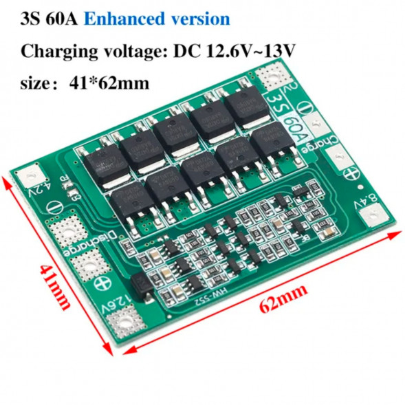 Плата защиты аккумулятора BMS 3S 60A 12.6 для Li-ion в Твери